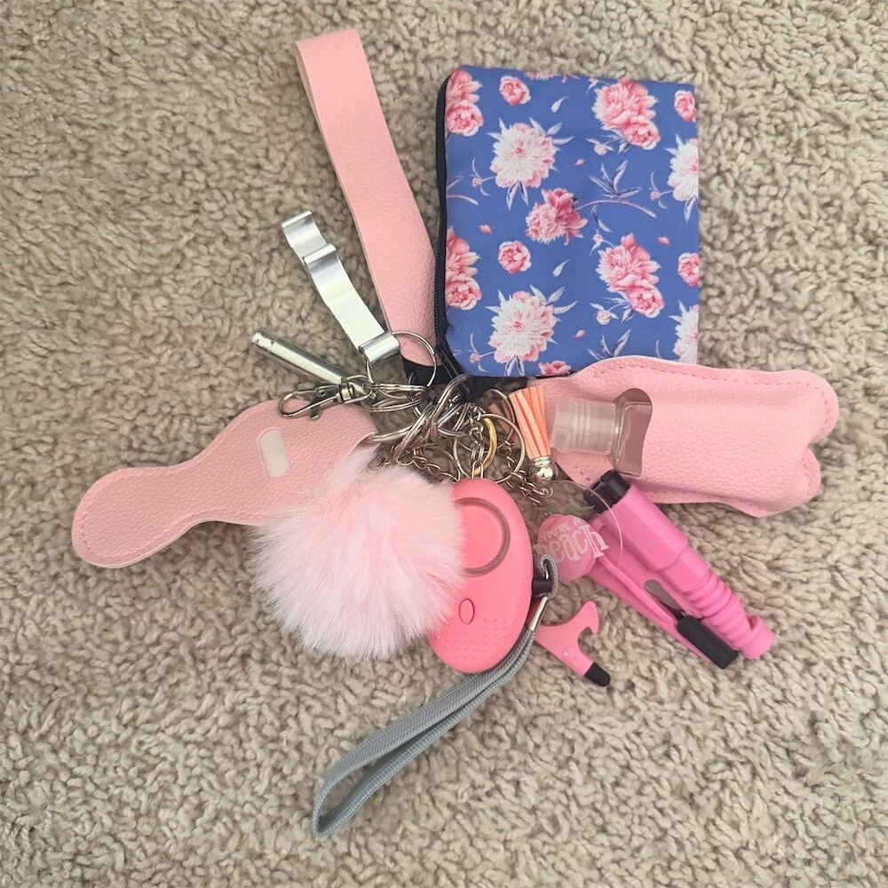 AMIR Personal Safety Keychain Set Pink Alarm Seatbelt Cutter Wristlet